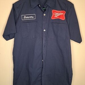 Milwaukee Brewers Men S Miller Brewing Blue Button Up Short Sleeve Shirt‎